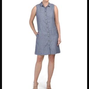 Tahari 100% Linen Button Down Shirt Dress Size M Blue Chambray Pocket preppy